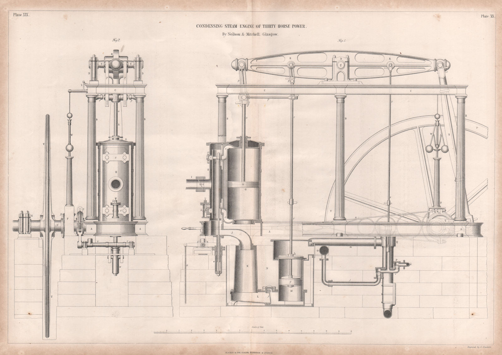 19C ENGINEERING DRAWING. 30 HP Condensing steam engine. Neilson & Mitchell 1847